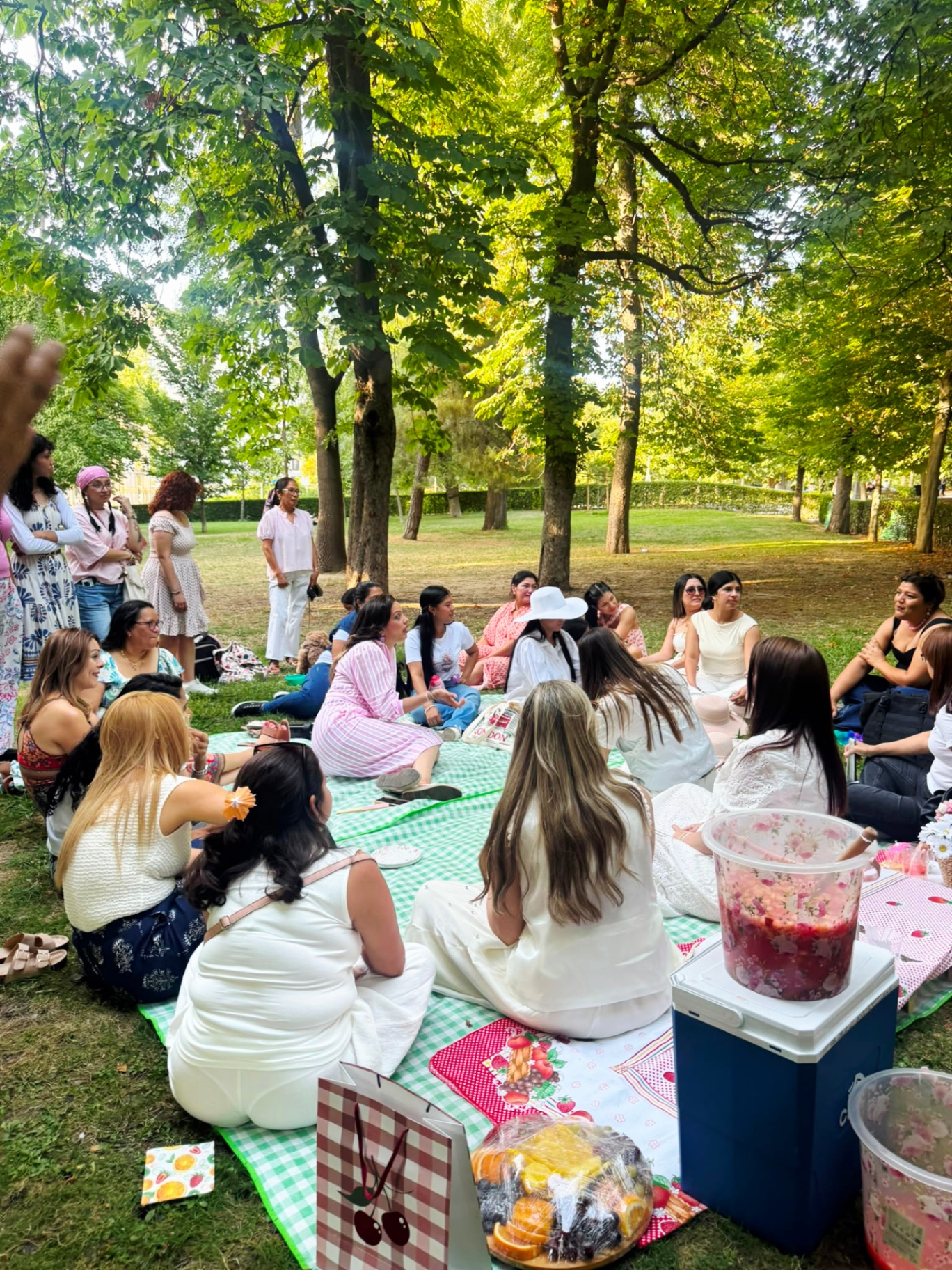 Mujeres sentadas en círculo sobre el mantel durante el picnic