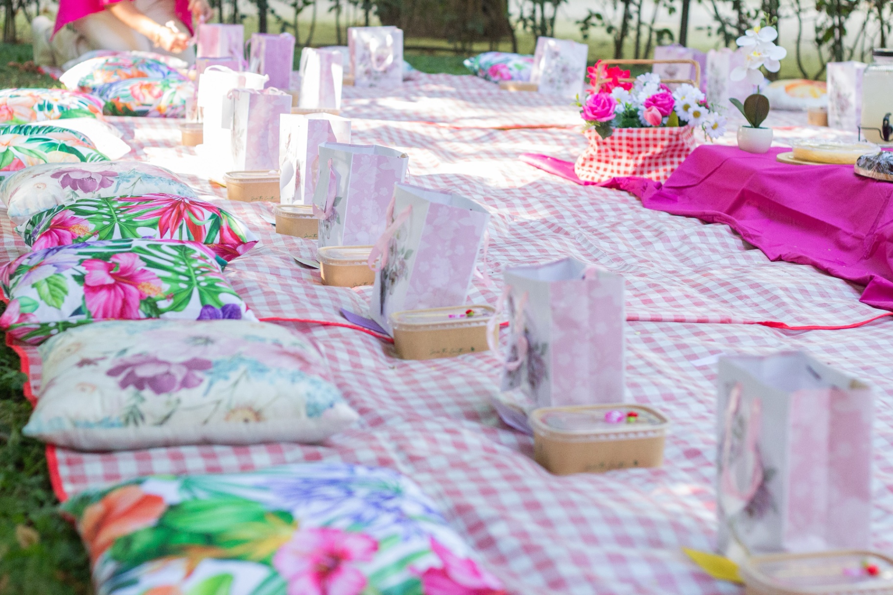 Mantel de cuadros con cojines, detalles y regalos preparados para las asistentes